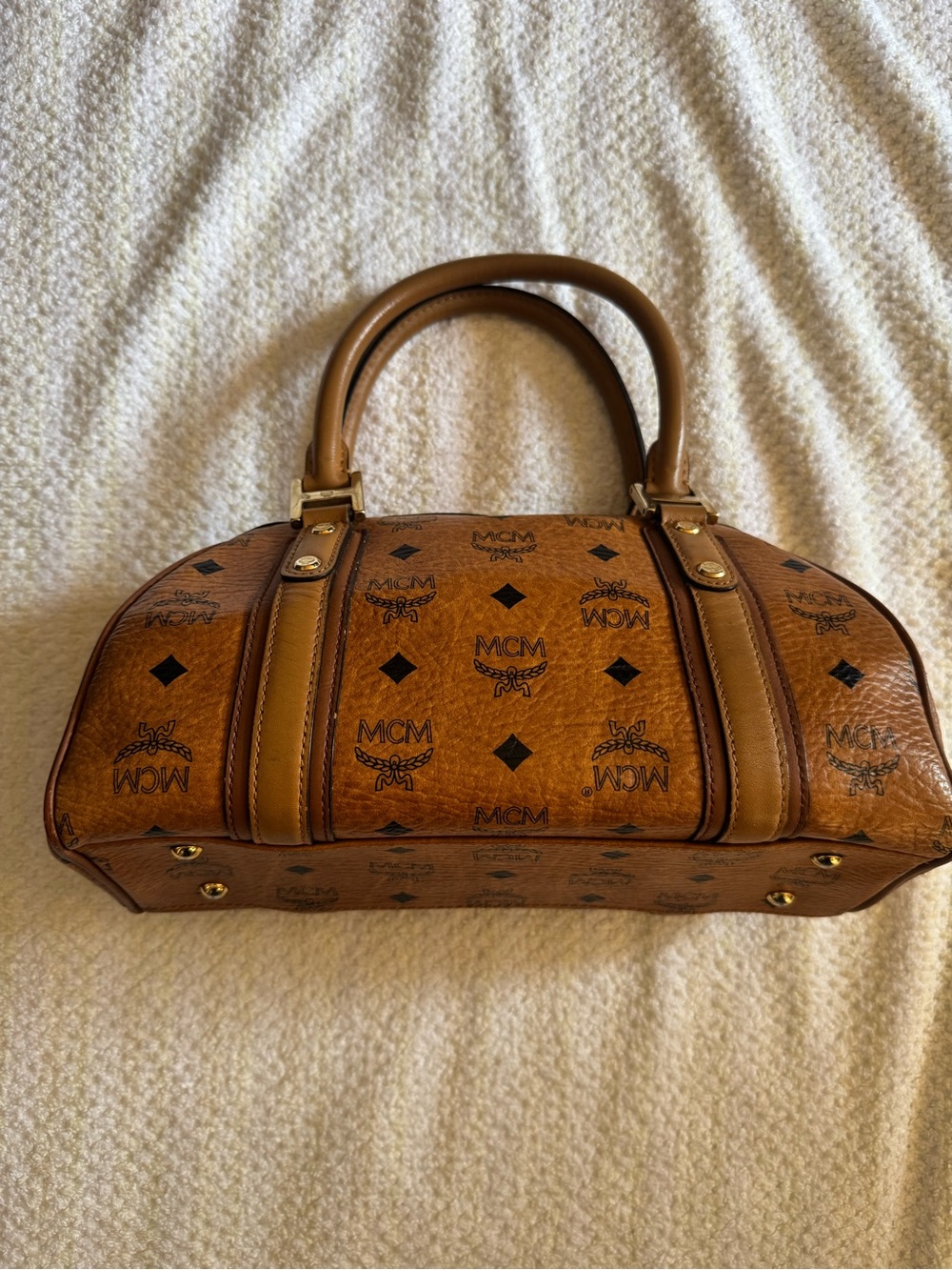 MCM Cognac Visetos Dome Satchel - Brown & Black Logo